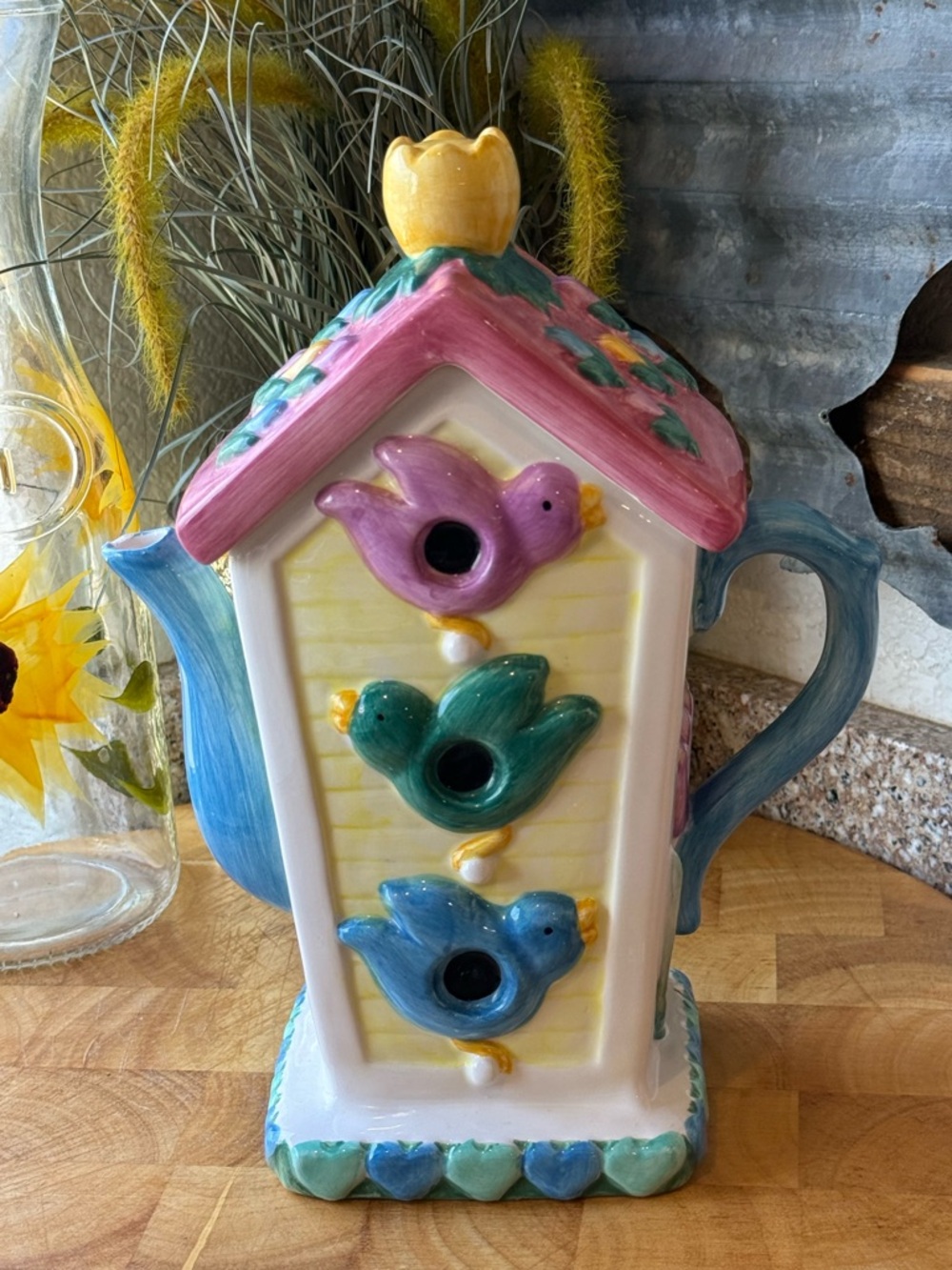 Ceramic Birdhouse Teapot - Pastel Pink, Blue & Yellow